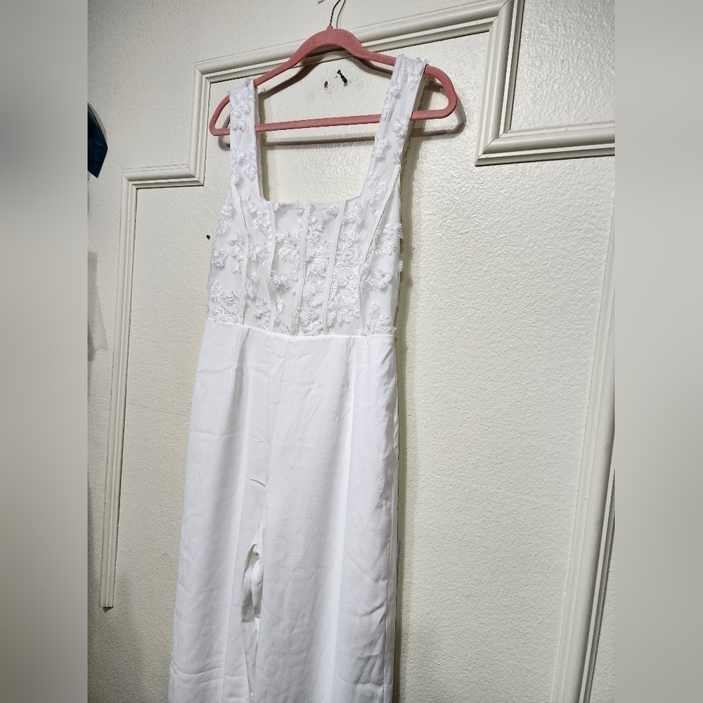 Lulus Truly Profound White Mesh 3D Floral Embroidered Bustier Jumpsuit M Wedding - Picture 8 of 10